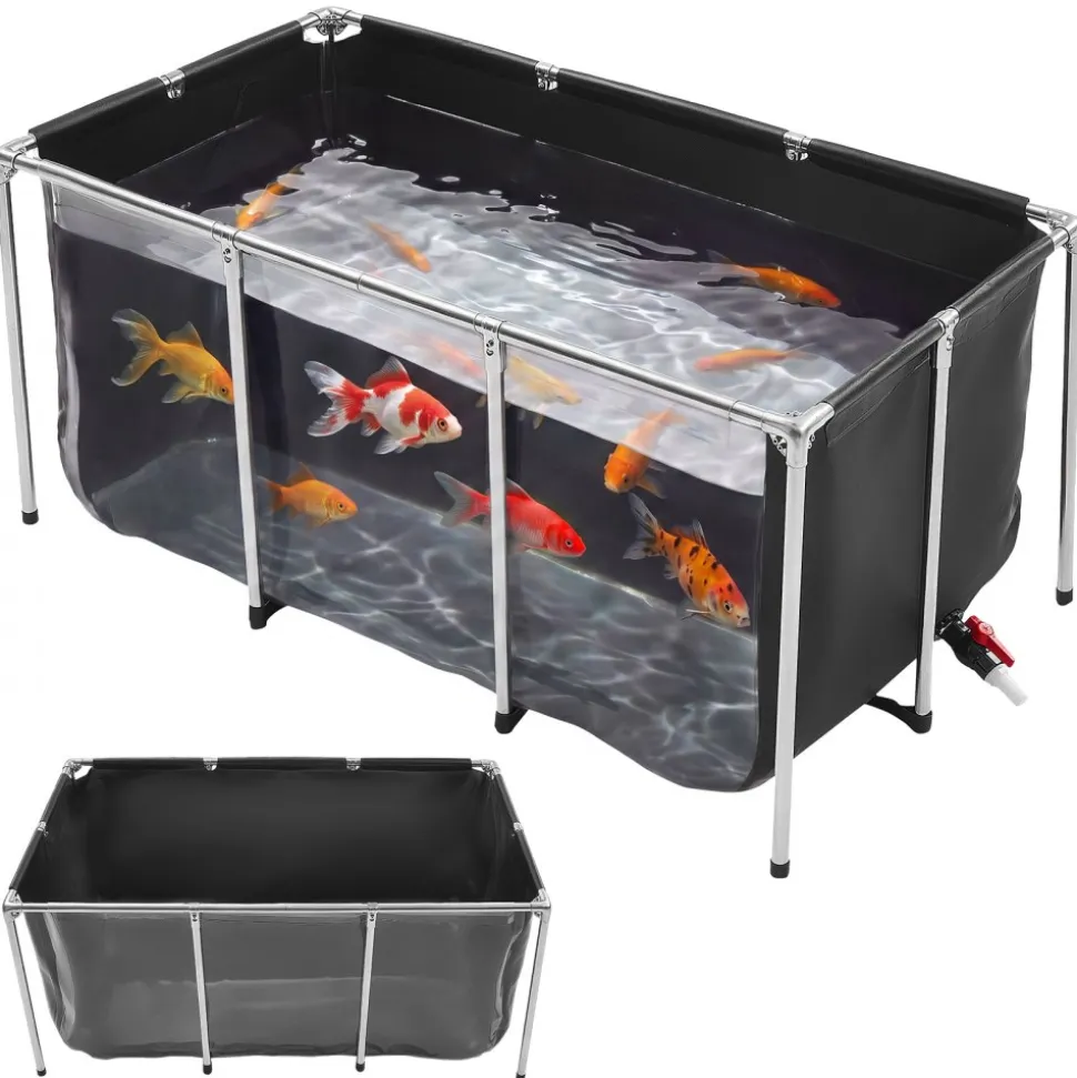 VEVOR Canvas Fish Pond, 126.8 Gal Above Ground Fish Pond, Foldable PVC Koi Tank, Rectangular Goldfish Tank with Stable Frame and Drain Valve, for Aquaculture, Koi Breeding, and Irrigation (Black)