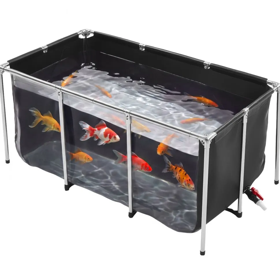 VEVOR Canvas Fish Pond, 126.8 Gal Above Ground Fish Pond, Foldable PVC Koi Tank, Rectangular Goldfish Tank with Stable Frame and Drain Valve, for Aquaculture, Koi Breeding, and Irrigation (Black)