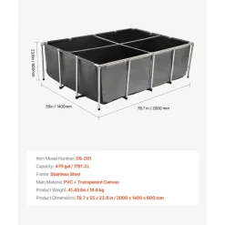 VEVOR Canvas Fish Pond, 470 Gal Above Ground Fish Pond, PVC Koi Tank with Clear Viewing Panel, Rectangular Goldfish Tank with Stainless Steel Frame & Drain Valve, for Breeding Koi, Irrigation(Black)