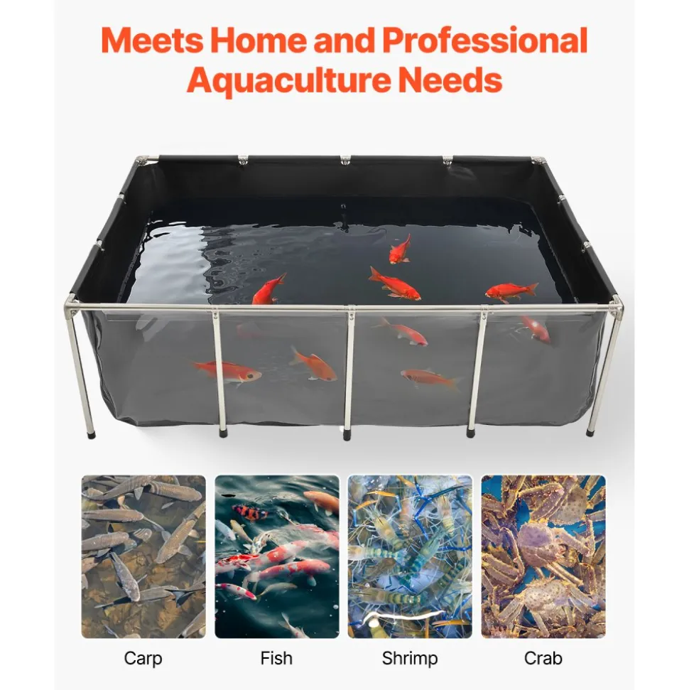VEVOR Canvas Fish Pond, 470 Gal Above Ground Fish Pond, PVC Koi Tank with Clear Viewing Panel, Rectangular Goldfish Tank with Stainless Steel Frame & Drain Valve, for Breeding Koi, Irrigation(Black)