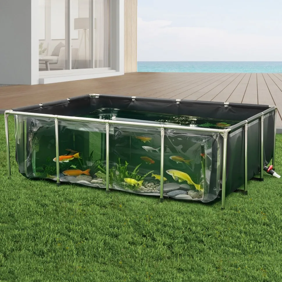 VEVOR Canvas Fish Pond, 470 Gal Above Ground Fish Pond, PVC Koi Tank with Clear Viewing Panel, Rectangular Goldfish Tank with Stainless Steel Frame & Drain Valve, for Breeding Koi, Irrigation(Black)