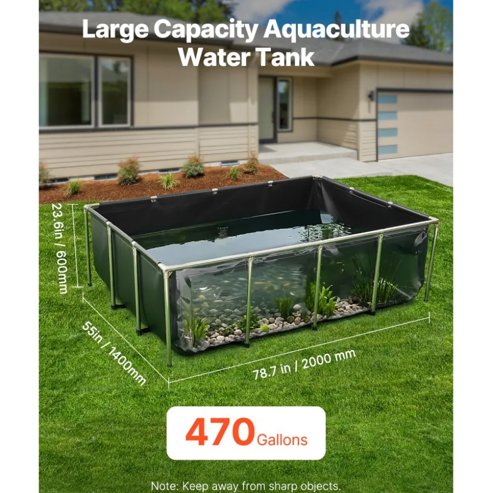 VEVOR Canvas Fish Pond, 470 Gal Above Ground Fish Pond, PVC Koi Tank with Clear Viewing Panel, Rectangular Goldfish Tank with Stainless Steel Frame & Drain Valve, for Breeding Koi, Irrigation(Black)