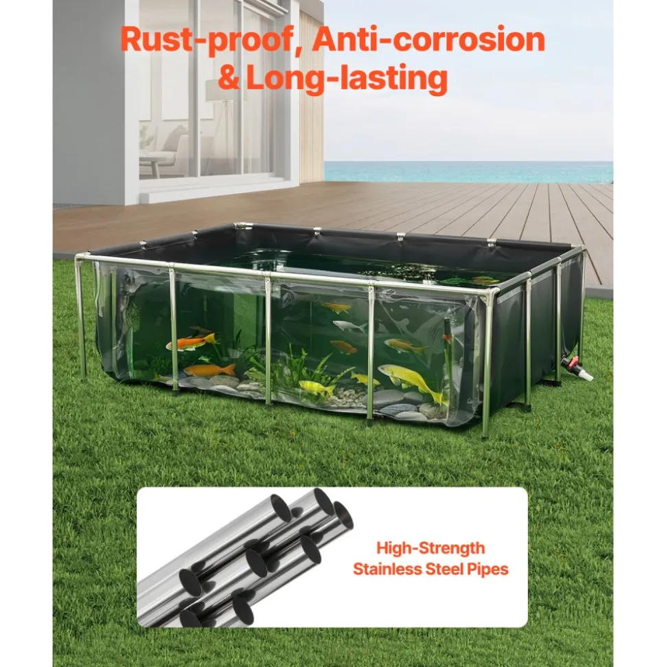 VEVOR Canvas Fish Pond, 470 Gal Above Ground Fish Pond, PVC Koi Tank with Clear Viewing Panel, Rectangular Goldfish Tank with Stainless Steel Frame & Drain Valve, for Breeding Koi, Irrigation(Black)