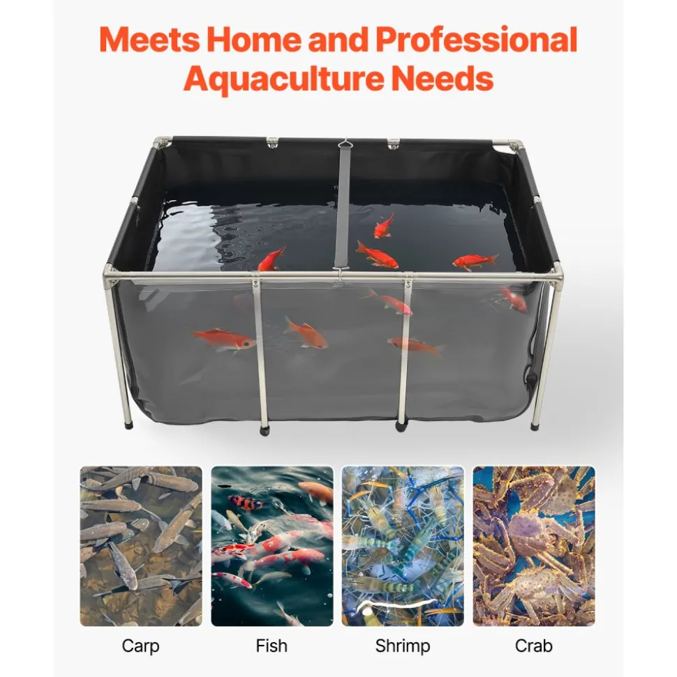 VEVOR Canvas Fish Pond, 126.8 Gal Above Ground Fish Pond, PVC Koi Tank with Clear Viewing Panel, Rectangular Goldfish Tank with Stainless Steel Frame & Drain Valve, for Breeding Koi, Irrigation(Black)