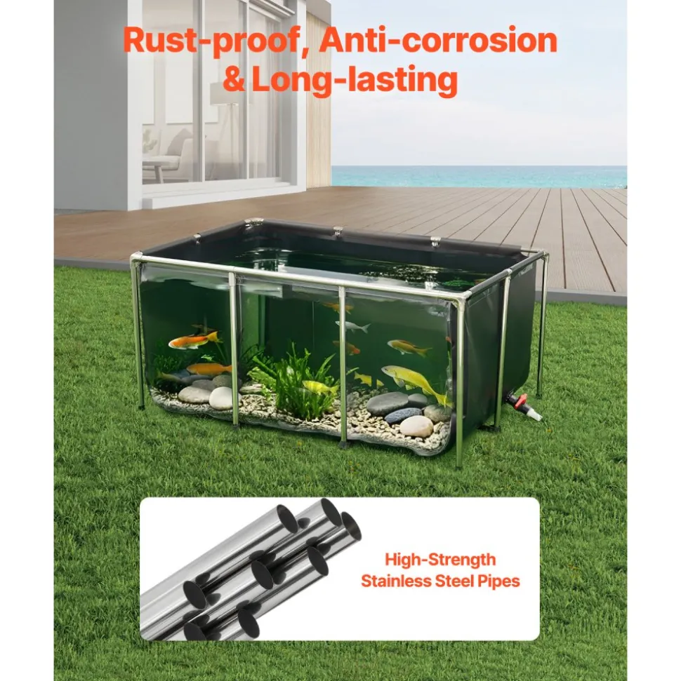 VEVOR Canvas Fish Pond, 126.8 Gal Above Ground Fish Pond, PVC Koi Tank with Clear Viewing Panel, Rectangular Goldfish Tank with Stainless Steel Frame & Drain Valve, for Breeding Koi, Irrigation(Black)