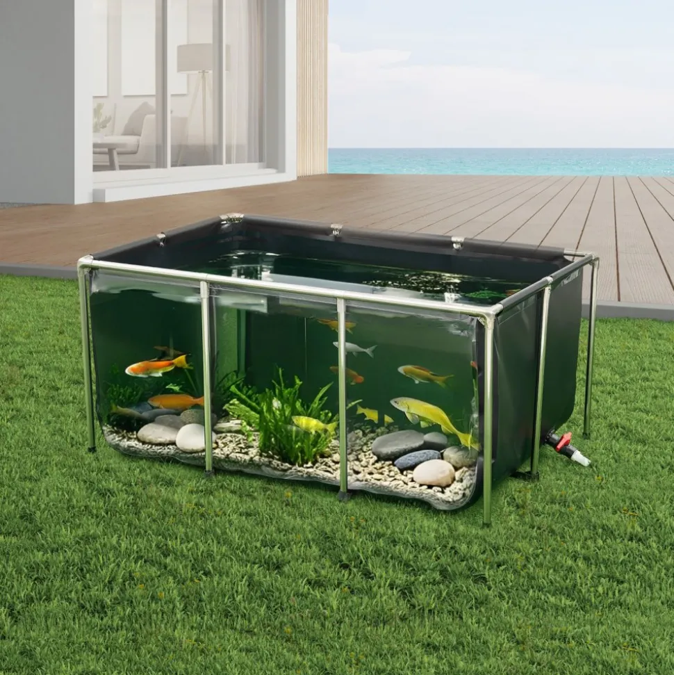 VEVOR Canvas Fish Pond, 126.8 Gal Above Ground Fish Pond, PVC Koi Tank with Clear Viewing Panel, Rectangular Goldfish Tank with Stainless Steel Frame & Drain Valve, for Breeding Koi, Irrigation(Black)