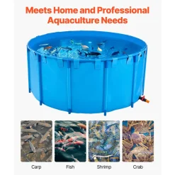 VEVOR Canvas Fish Pond, 448.8 Gal Capacity Above Ground Fish Pond, Foldable PVC Koi Tank, Round Goldfish Tank with Stable Frame and Drain Valve, for Aquaculture, Koi Breeding, and Irrigation (Blue)
