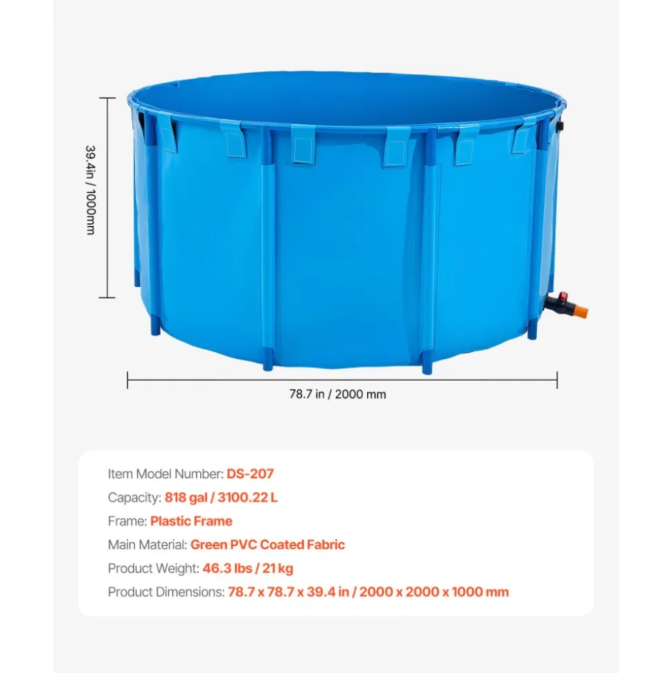 VEVOR Canvas Fish Pond, 818 Gal Capacity Above Ground Fish Pond, Foldable PVC Koi Tank, Round Goldfish Tank with Stable Frame and Drain Valve, for Aquaculture, Koi Breeding, and Irrigation (Blue)