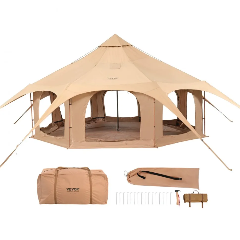 VEVOR Canvas Tent, 4 Seasons 5 m/16.4 ft Bell Tent, Canvas Tent for Camping with Stove Jack, Breathable Yurt Tent for up to 8 People, Family Camping Outdoor Hunting Party