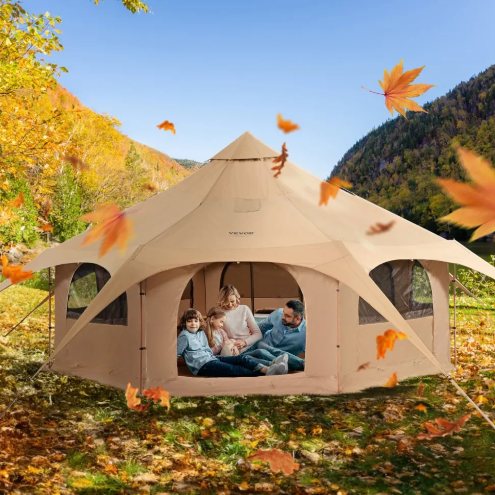 VEVOR Canvas Tent, 4 Seasons 5 m/16.4 ft Bell Tent, Canvas Tent for Camping with Stove Jack, Breathable Yurt Tent for up to 8 People, Family Camping Outdoor Hunting Party