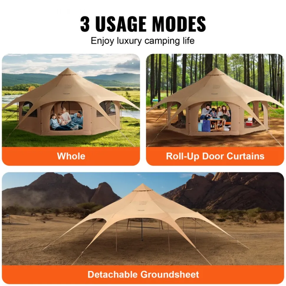 VEVOR Canvas Tent, 4 Seasons 5 m/16.4 ft Bell Tent, Canvas Tent for Camping with Stove Jack, Breathable Yurt Tent for up to 8 People, Family Camping Outdoor Hunting Party