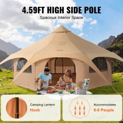 VEVOR Canvas Tent, 4 Seasons 5 m/16.4 ft Bell Tent, Canvas Tent for Camping with Stove Jack, Breathable Yurt Tent for up to 8 People, Family Camping Outdoor Hunting Party