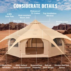 VEVOR Canvas Tent, 4 Seasons 5 m/16.4 ft Bell Tent, Canvas Tent for Camping with Stove Jack, Breathable Yurt Tent for up to 8 People, Family Camping Outdoor Hunting Party