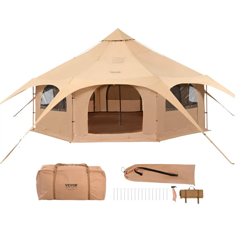 VEVOR Canvas Tent, 4 Seasons 5 m/16.4 ft Bell Tent, Canvas Tent for Camping with Stove Jack, Breathable Yurt Tent for up to 8 People, Family Camping Outdoor Hunting Party