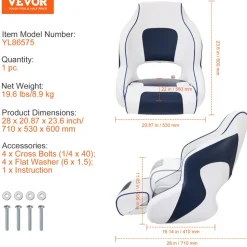 VEVOR Captain Bucket Seat Boat Seat, Flip Up Boat Seat, with Thickened Sponge Padding, Flip-up Bolster Boat Captain Chair for Fishing Boat, Sightseeing Boat, Speedboat, Canoe, 1-Piece