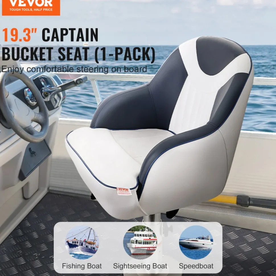 VEVOR Captain Bucket Seat, Pontoon Boat Seat with Thickened Sponge Padding, Boat Captain Chair for Fishing Boat, Sightseeing Boat, Speedboat, Canoe, 1-Piece
