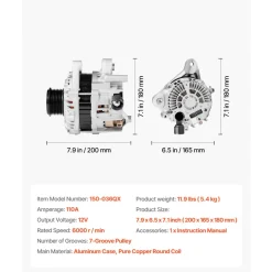 VEVOR Car Alternator 11999, Compatible with Honda Accord L4 2.4L 2013-2017, Automotive Replacement Alternator with Aluminum Housing and Pure Copper Round Coil, 31100-5A2-A02, AHGA88, 14489, A5TL0581ZC