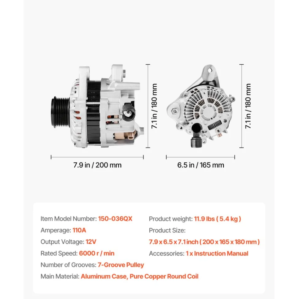 VEVOR Car Alternator 11999, Compatible with Honda Accord L4 2.4L 2013-2017, Automotive Replacement Alternator with Aluminum Housing and Pure Copper Round Coil, 31100-5A2-A02, AHGA88, 14489, A5TL0581ZC