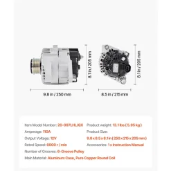 VEVOR Car Alternator 11491, Compatible with Hyundai Sonata 2.4L 2010-2013, Kia Optima 2.4L 2011-2013, Automotive Replacement Alternator with Aluminum Housing and Pure Copper Round Coil, 37300-2G150