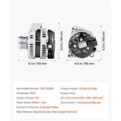 VEVOR Car Alternator 84143543, Fit for Chevy Express 2500 V6 4.3L, V8 6.0L 2018-2019, GMC Sierra 1500 2014-2016, Yukon 2015-2019, Automotive Replacement Alternator 104211-8340, 22747894, TN1042119110