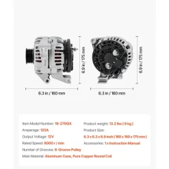 VEVOR Car Alternator 11185, Fit for Chevrolet Impala LS, LT 3.5L 2006-2011, Impala LTZ 3.9L 2009-2010, Monte Carlo V6 2006-2007, Automotive Replacement Alternator 0124425102, 0124425032, 10335497