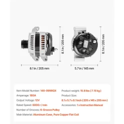 VEVOR Car Alternator 11598, Fit for Dodge Challenger V6 3.6L 2015-2021, Charger 2011-2021, Durango 2011-2020, Jeep Grand Cherokee 11-20, Ram 1500 13-15, Automotive Replacement Alternator 4210007040