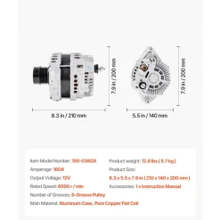 VEVOR Car Alternator 11440, Fit for Dodge Journey SE Value 2.4L 2020, SXT 2.4L 2012-2018, Crossroad 2016-2020, L4 2009-2020, Automotive Replacement Alternator 12987, 2035080, 4801490AA, 2138864, 90004