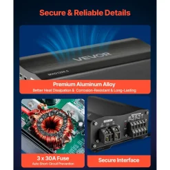 VEVOR Car Audio Amplifier, 5-Channel Bridgeable Car Amplifier, Multichannel Class D Stereo Amp, Max. 4 x 100W at 4 Ohms / 4 x 200W at 2 Ohms + 1 x 1000W at 2 Ohms / 1 x 500W at 4 Ohms, for Vehicles