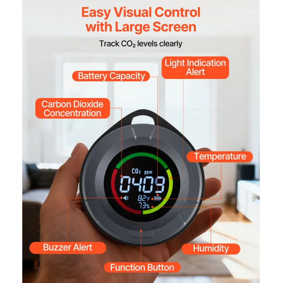 VEVOR Carbon Dioxide Monitor, CO2 Controller with Temperature and Humidity Display, NDIR Sensor Carbon Dioxide Detector, for Outdoors, Home, Office, Car, Lightweight & Portable