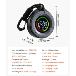 VEVOR Carbon Dioxide Monitor, CO2 Controller with Temperature and Humidity Display, NDIR Sensor Carbon Dioxide Detector, for Outdoors, Home, Office, Car, Lightweight & Portable
