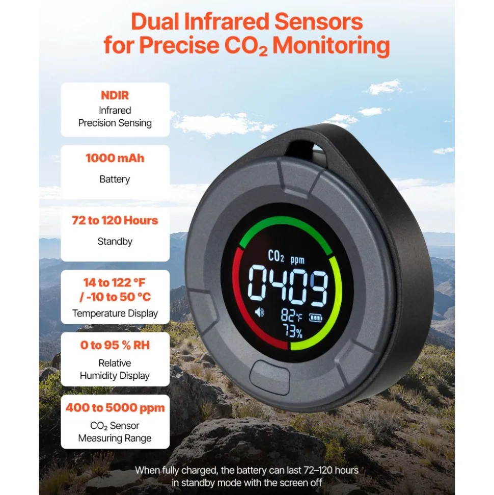 VEVOR Carbon Dioxide Monitor, CO2 Controller with Temperature and Humidity Display, NDIR Sensor Carbon Dioxide Detector, for Outdoors, Home, Office, Car, Lightweight & Portable