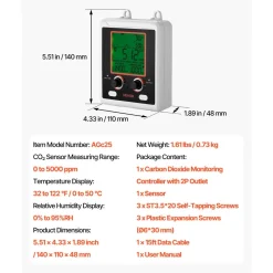 VEVOR Carbon Dioxide Monitoring Controller, Dual Outlets Carbon Dioxide Controller, CO2 Meter Monitor Day and Night Detection Feature, NDIR CO2 Sensor for Green House, Laboratories, Classrooms, Home