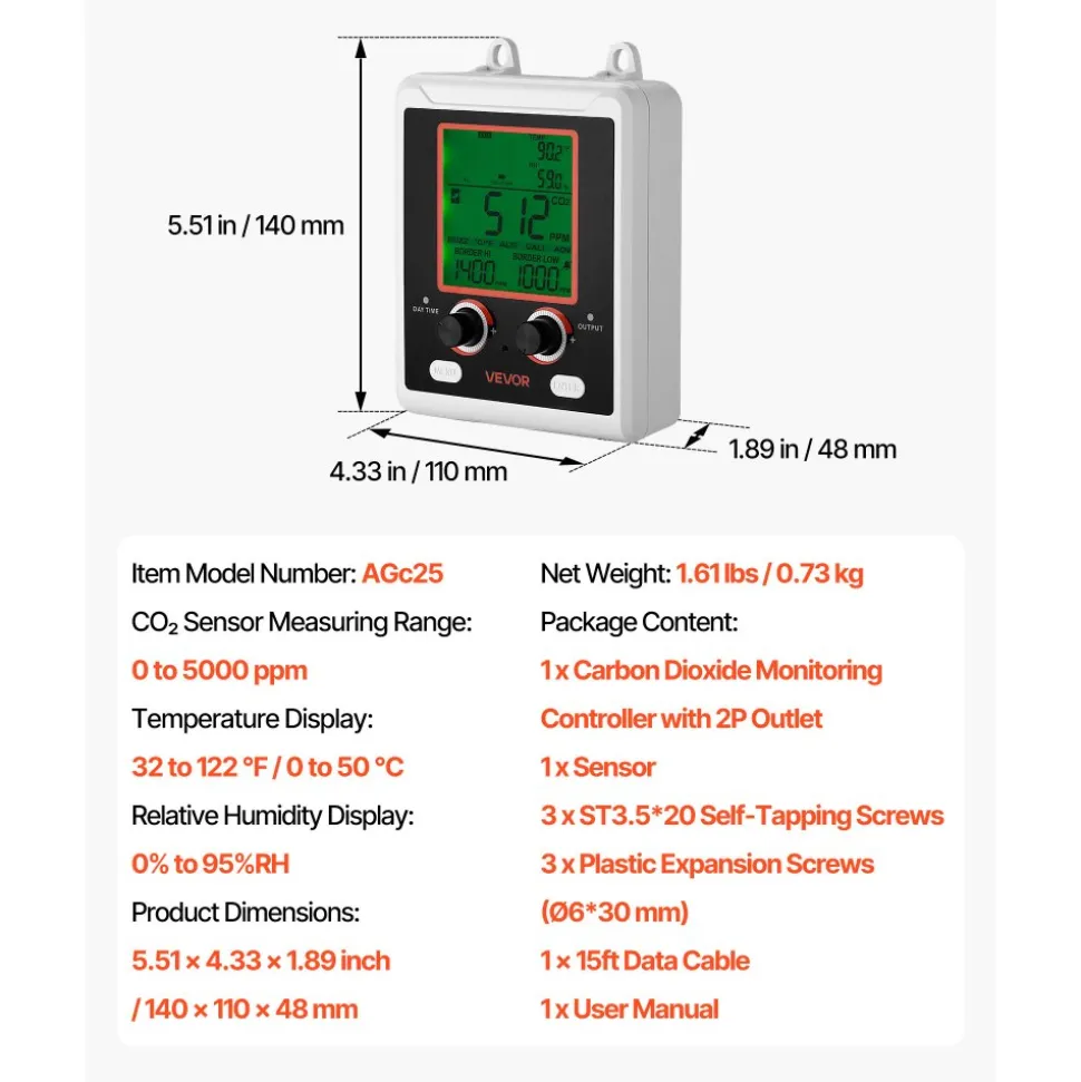 VEVOR Carbon Dioxide Monitoring Controller, Dual Outlets Carbon Dioxide Controller, CO2 Meter Monitor Day and Night Detection Feature, NDIR CO2 Sensor for Green House, Laboratories, Classrooms, Home