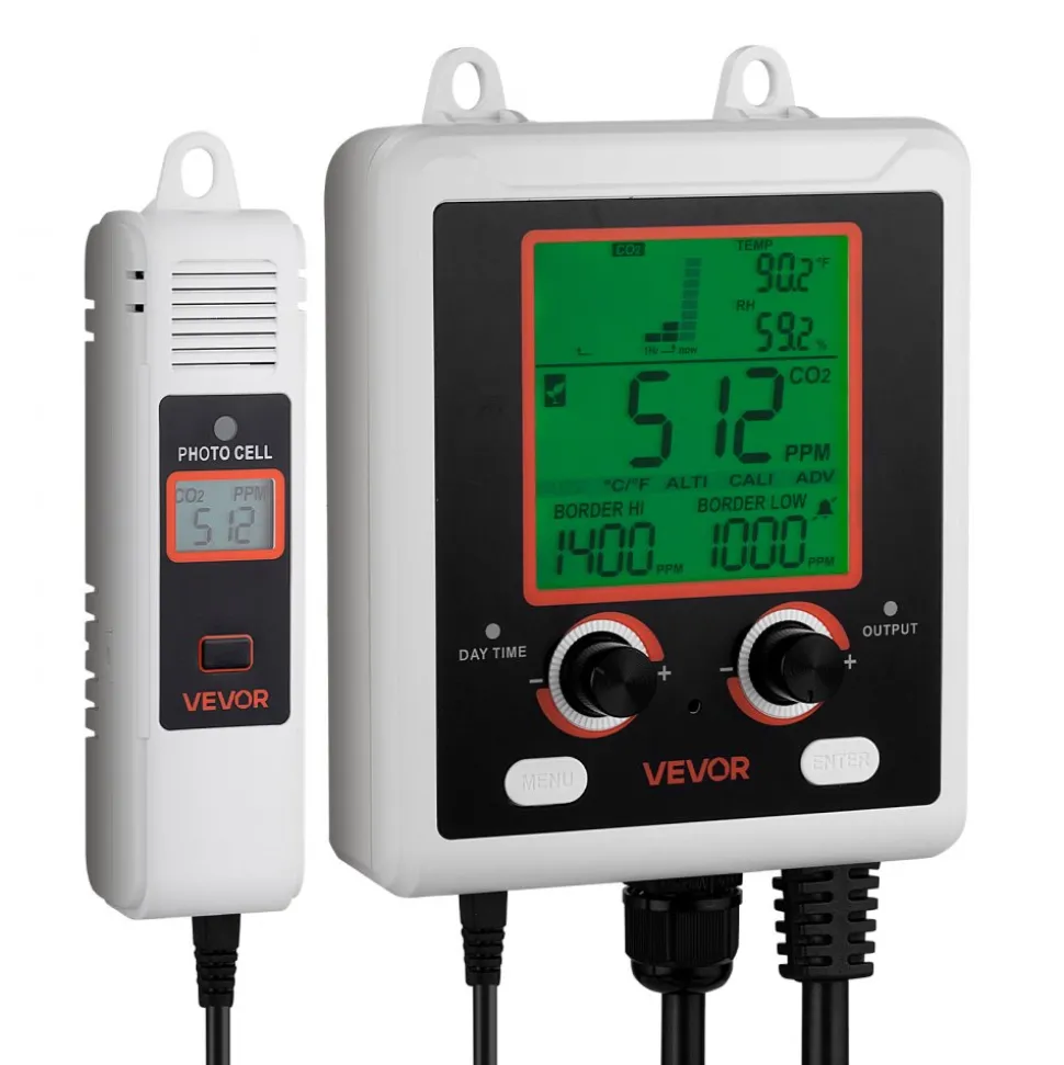 VEVOR Carbon Dioxide Monitoring Controller, Dual Outlets Carbon Dioxide Controller, CO2 Meter Monitor Day and Night Detection Feature, NDIR CO2 Sensor for Green House, Laboratories, Classrooms, Home