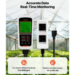 VEVOR Carbon Dioxide Monitoring Controller, Dual Outlets CO2 Monitor & Controller, Carbon Dioxide Sensor Day and Night Detection Feature, NDIR CO2 Sensor for Greenhouse, Laboratories, Classrooms, Home