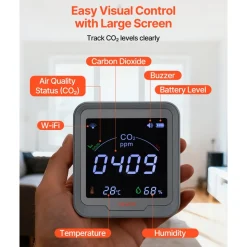 VEVOR Carbon Dioxide Monitor, CO2 Controller with Temperature and Humidity Display, NDIR Sensor Carbon Dioxide Detector, for Outdoors, Home, Office, Car, Wall-Mounted Use