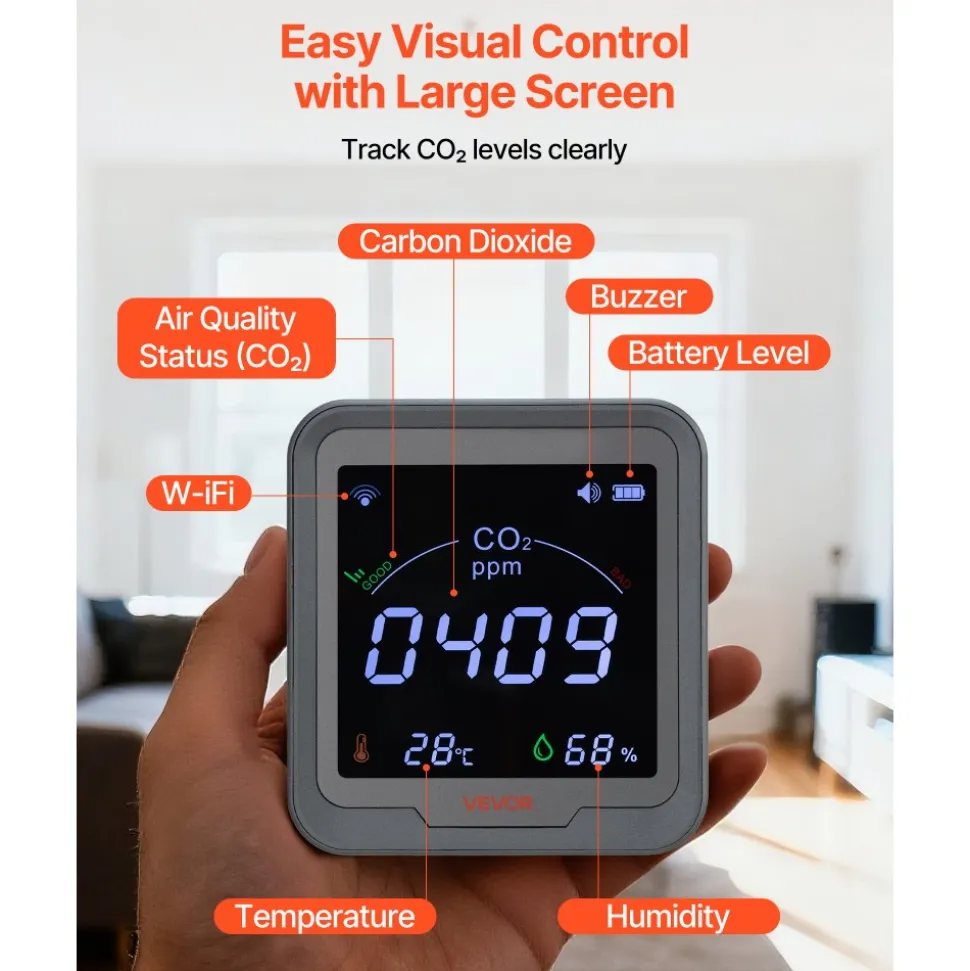 VEVOR Carbon Dioxide Monitor, CO2 Controller with Temperature and Humidity Display, NDIR Sensor Carbon Dioxide Detector, for Outdoors, Home, Office, Car, Wall-Mounted Use