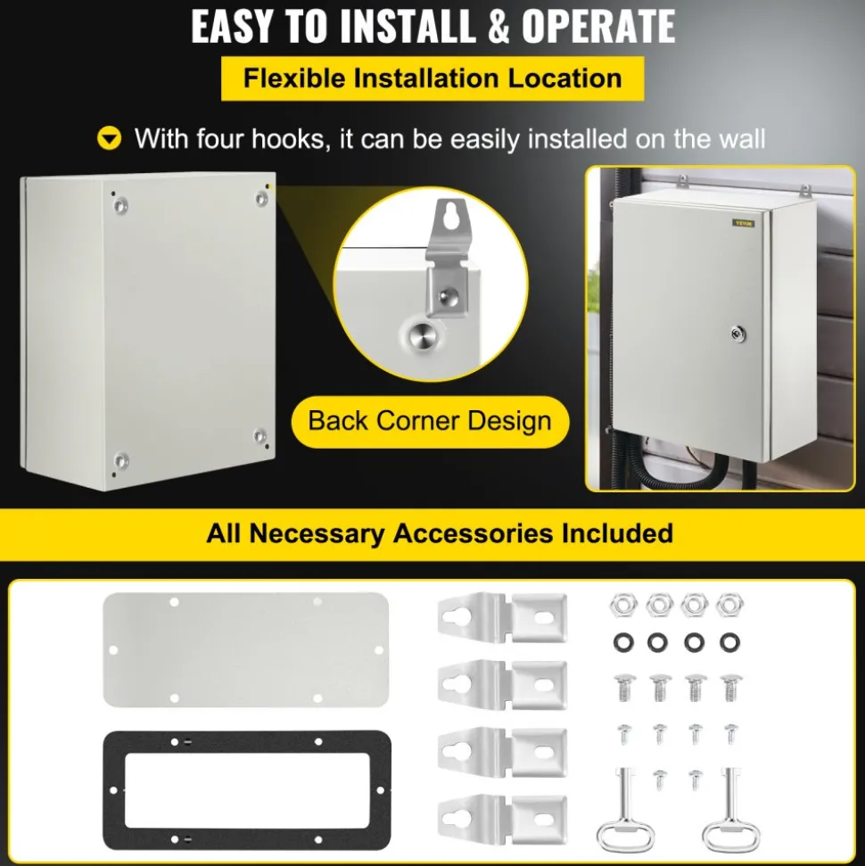 VEVOR Carbon Steel Electrical Box, 16x12x6 inches, Hinged Cover, IP66 Waterproof & Dust Resistant, Suitable for Outdoor Use, Includes Mounting Plate