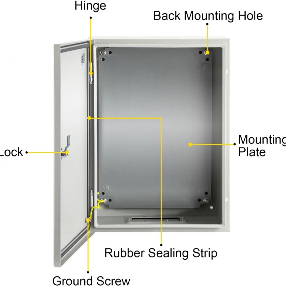 VEVOR Carbon Steel Electrical Box, 16x12x6 inches, Hinged Cover, IP66 Waterproof & Dust Resistant, Suitable for Outdoor Use, Includes Mounting Plate