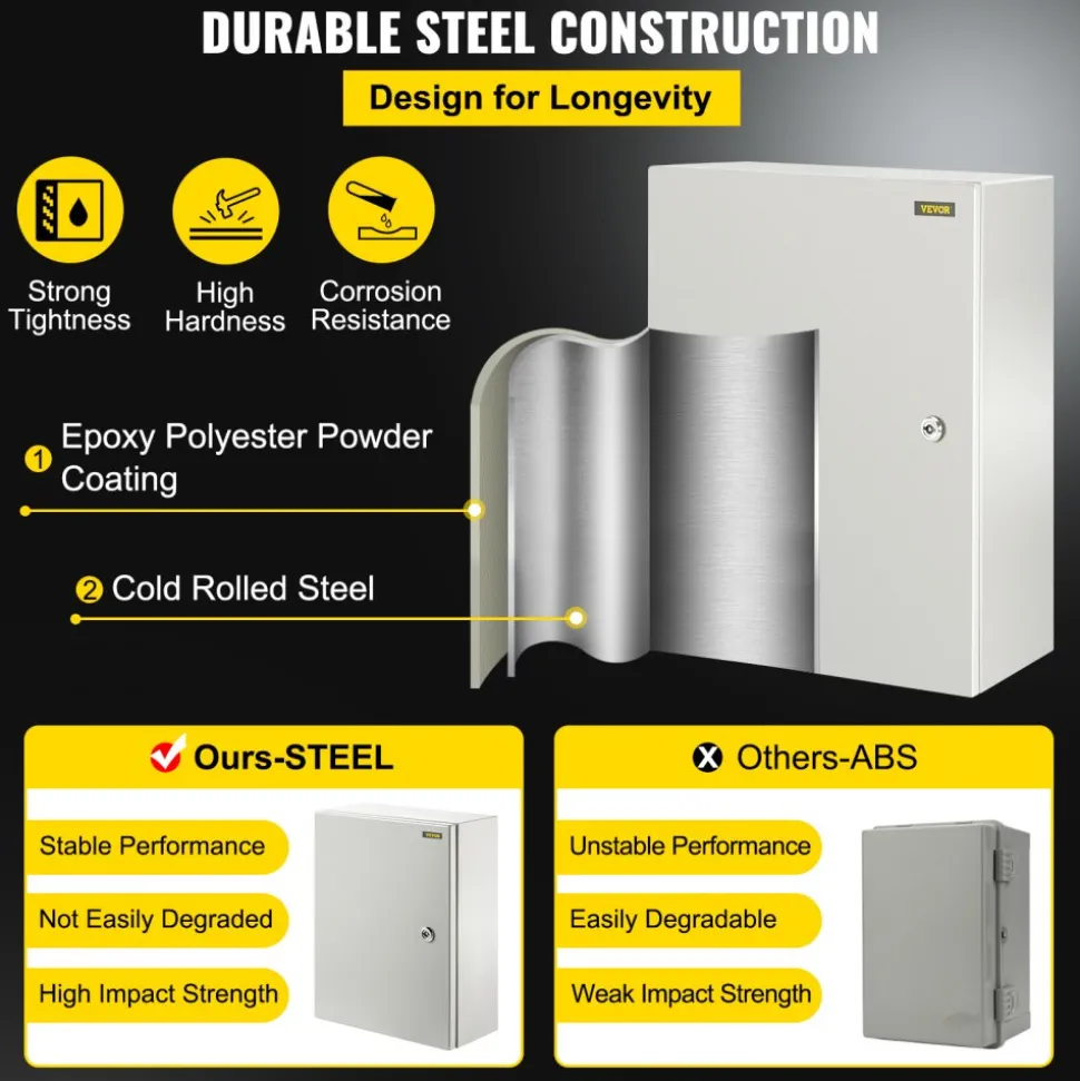 VEVOR Carbon Steel Electrical Box, 16x12x6 inches, Hinged Cover, IP66 Waterproof & Dust Resistant, Suitable for Outdoor Use, Includes Mounting Plate
