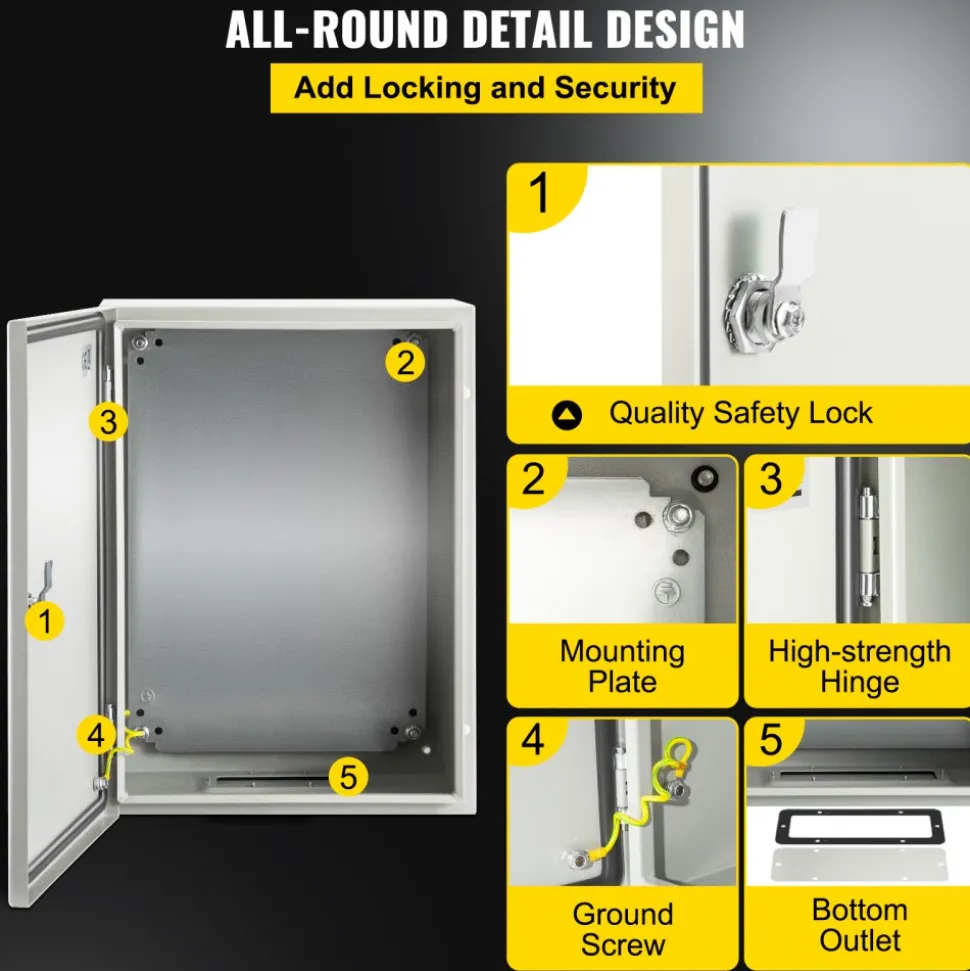 VEVOR Carbon Steel Electrical Box, 16x12x6 inches, Hinged Cover, IP66 Waterproof & Dust Resistant, Suitable for Outdoor Use, Includes Mounting Plate