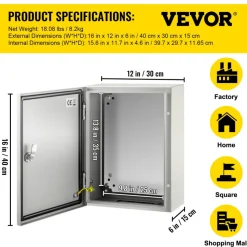 VEVOR Carbon Steel Electrical Box, 16x12x6 inches, Hinged Cover, IP66 Waterproof & Dust Resistant, Suitable for Outdoor Use, Includes Mounting Plate