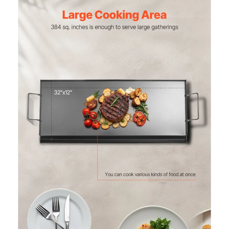 VEVOR Carbon Steel Griddle, 32x14 inch Universal Flat Top Rectangular Plate, Gas Grill Griddle for BBQ Grill, Teppanyaki, Portable Family Cookware with Handle, for Camping Tailgating Party