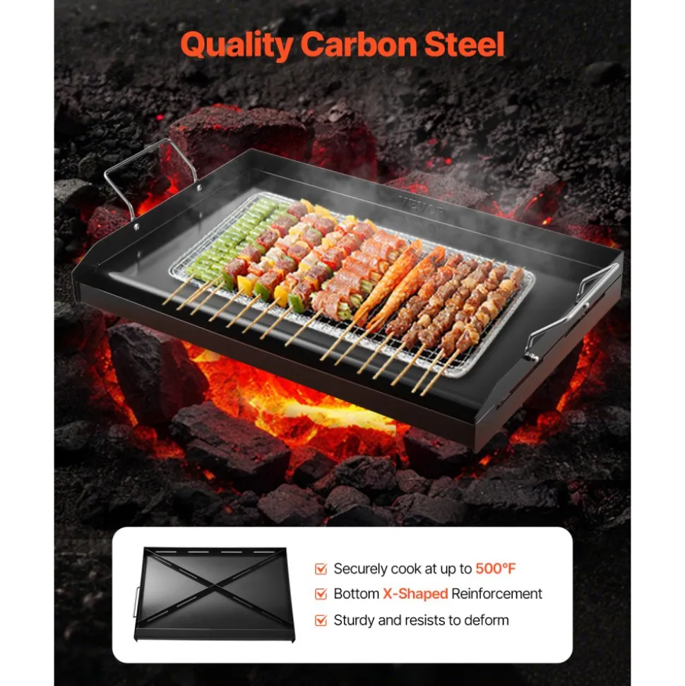 VEVOR Carbon Steel Griddle, 24x16 inch Universal Flat Top Rectangular Plate, Gas Grill Griddle for BBQ Grill, Teppanyaki, Portable Family Cookware with Handle, for Camping Tailgating Party