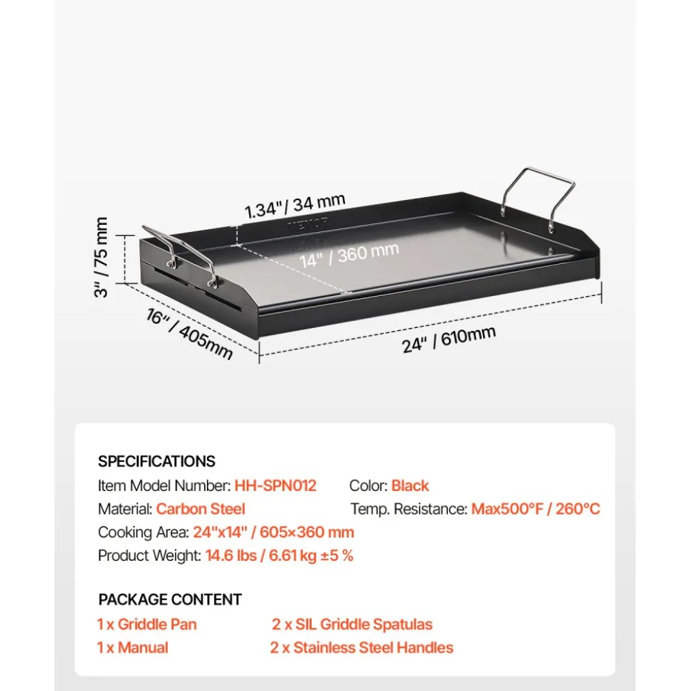 VEVOR Carbon Steel Griddle, 24x16 inch Universal Flat Top Rectangular Plate, Gas Grill Griddle for BBQ Grill, Teppanyaki, Portable Family Cookware with Handle, for Camping Tailgating Party
