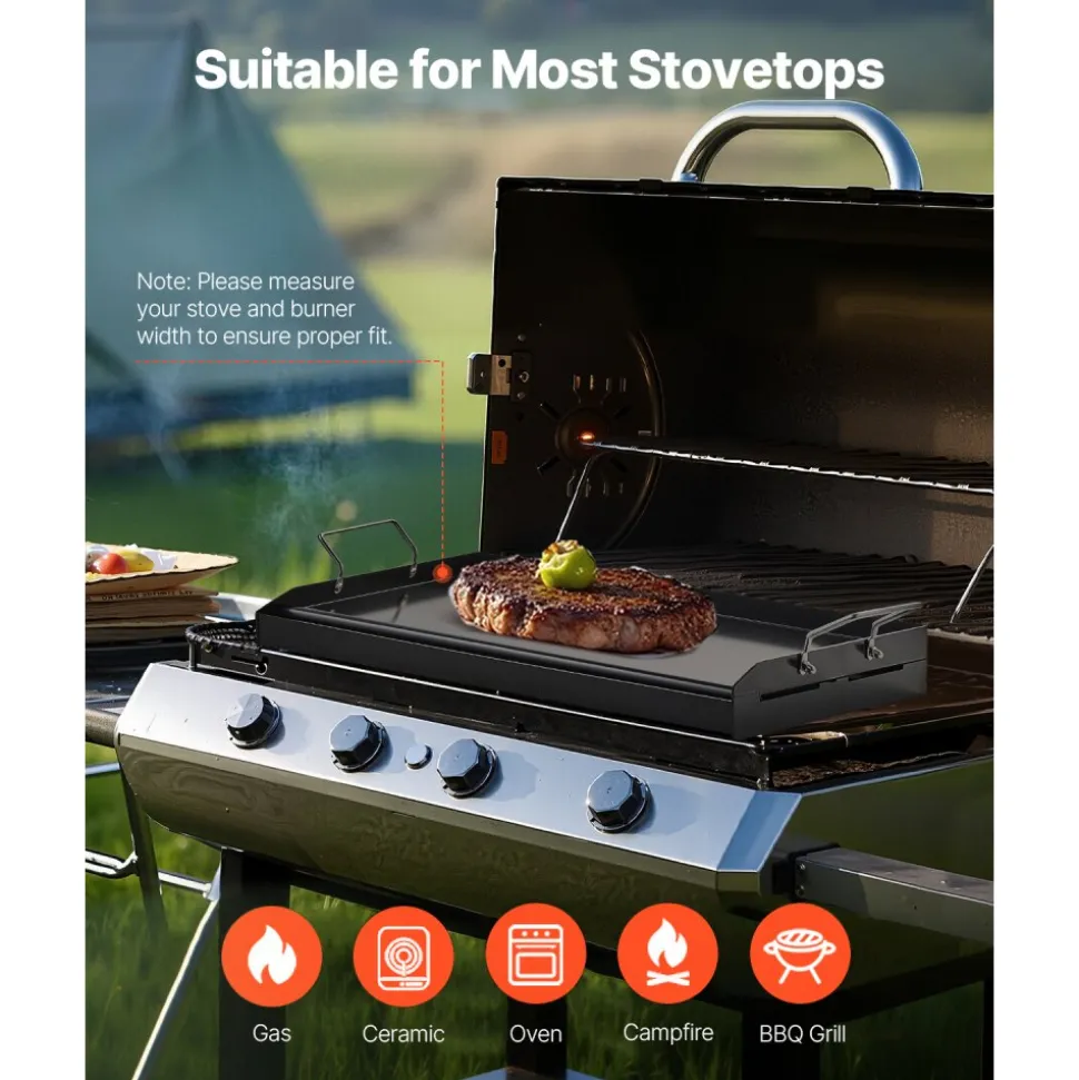 VEVOR Carbon Steel Griddle, 24x16 inch Universal Flat Top Rectangular Plate, Gas Grill Griddle for BBQ Grill, Teppanyaki, Portable Family Cookware with Handle, for Camping Tailgating Party