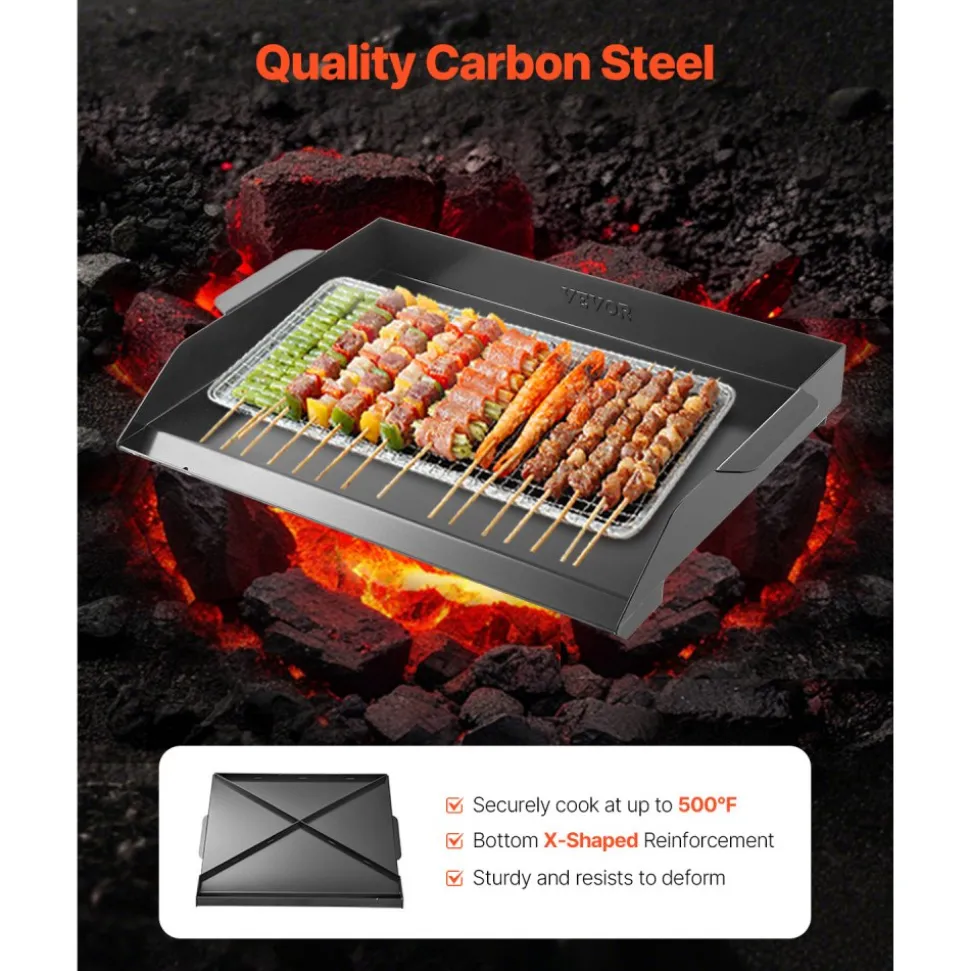 VEVOR Carbon Steel Griddle, 20x16 inch Universal Flat Top Rectangular Plate, Gas Grill Griddle for BBQ Grill, Teppanyaki, Portable Family Cookware, for Camping Tailgating Party, Black