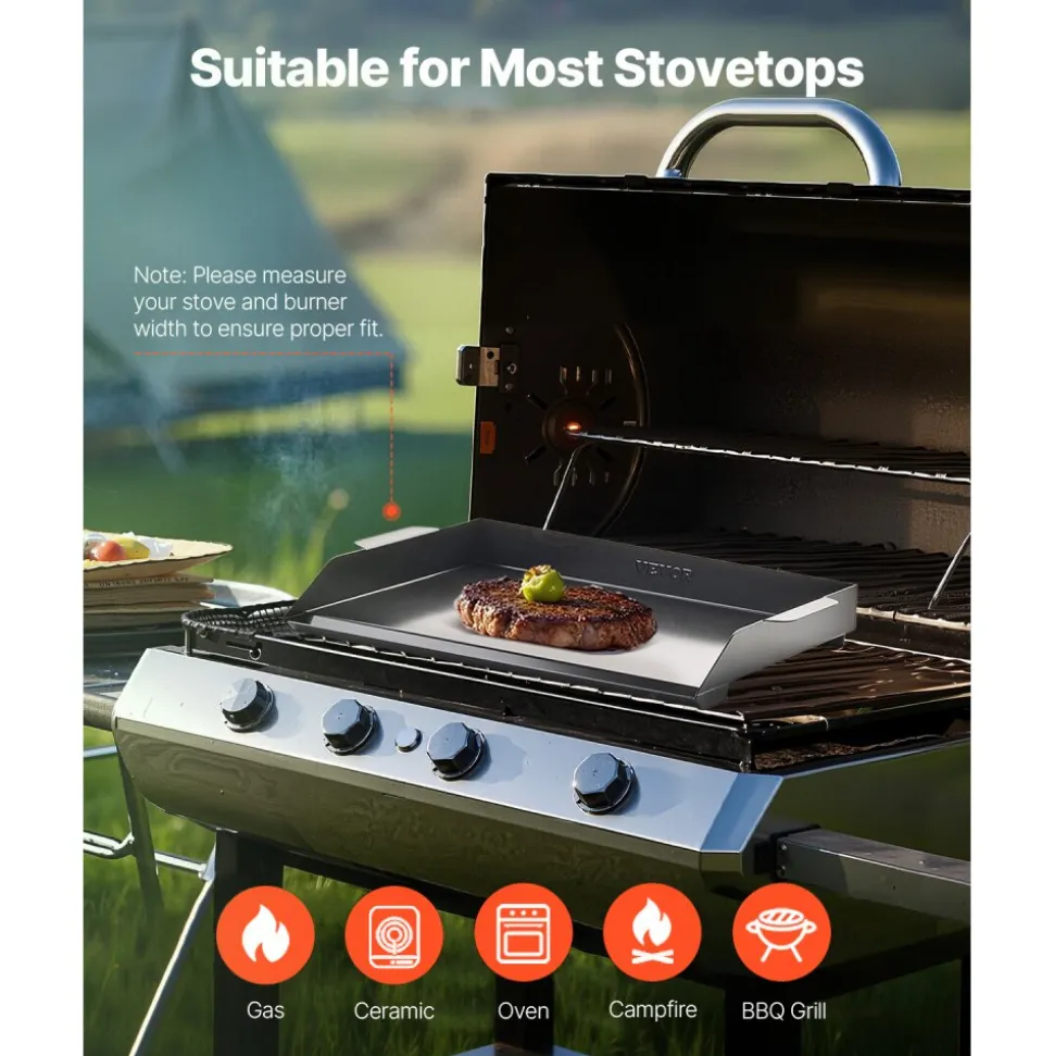 VEVOR Carbon Steel Griddle, 20x16 inch Universal Flat Top Rectangular Plate, Gas Grill Griddle for BBQ Grill, Teppanyaki, Portable Family Cookware, for Camping Tailgating Party, Black
