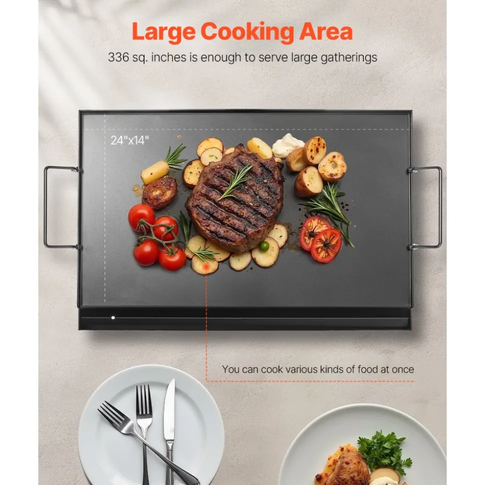 VEVOR Carbon Steel Griddle, 24x16 inch Universal Flat Top Rectangular Plate, Gas Grill Griddle for BBQ Grill, Teppanyaki, Portable Family Cookware with Handle, for Camping Tailgating Party