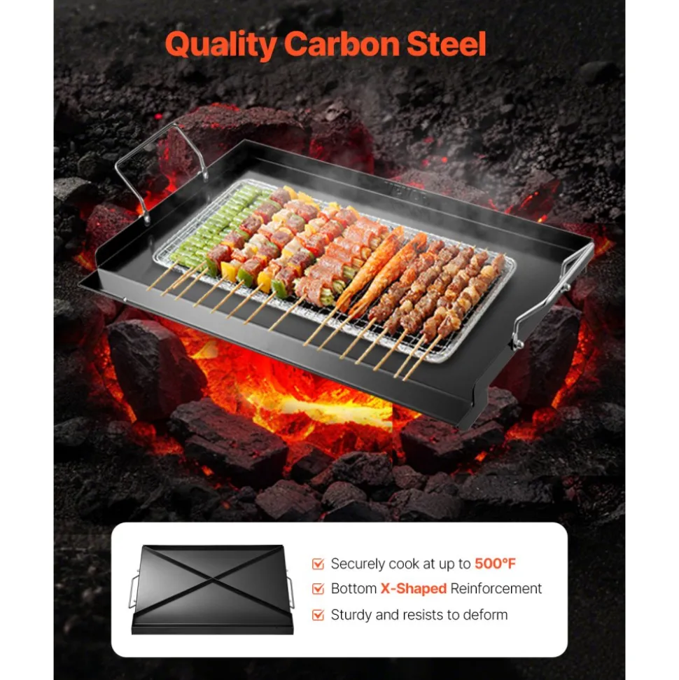 VEVOR Carbon Steel Griddle, 24x16 inch Universal Flat Top Rectangular Plate, Gas Grill Griddle for BBQ Grill, Teppanyaki, Portable Family Cookware with Handle, for Camping Tailgating Party